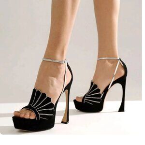 FSJ Black & Silver Petal Shaped Ankle Strap Heeled Sandals with Platform